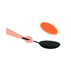 A hand holds a frying pan and throws a pancake on it. Concept: international pancake day, breakfast idea, cooking, recipe. Vector flat cartoon illustration isolated on white background, eps 10.