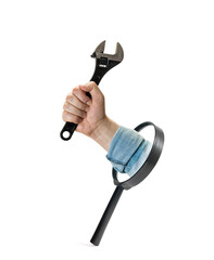 Hand with a wrench sticks out of a magnifying glass. Technical support, repair and adjustment.