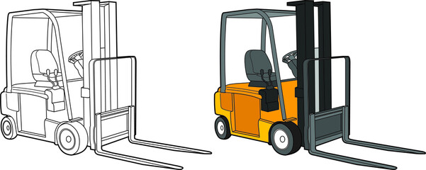 Forklift vector drawing line art with color