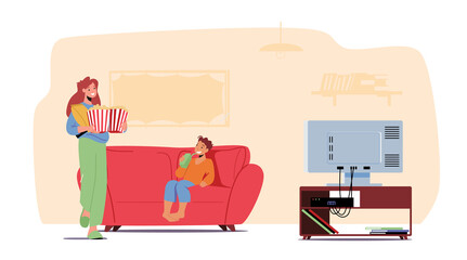 Mother and Little Son with Soda and Pop Corn Sitting on Sofa Prepare for Watching Movie. Home Cinema Concept with Family