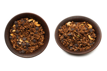 Chocolate granola cereal with nuts in a bowl background.
