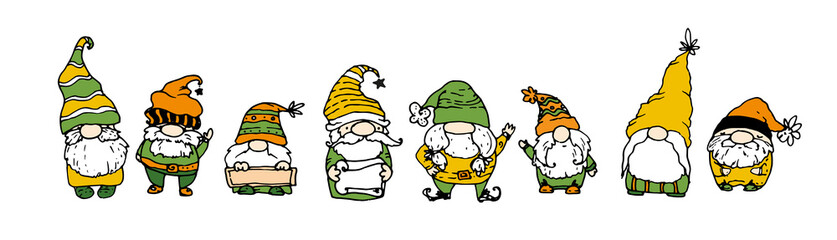 Vector set of gnomes, in orange-yellow and green colors. hand-drawn cartoon-style autumn isolated funny gnomes in hats and with a beard for decorating postcard design templates, packaging