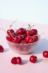 Close-up of fresh, juicy, organic cherries in a glass bowl against a pink pastel background. Seasonal, summer berries and fruits. Harvesting. Vertical photo