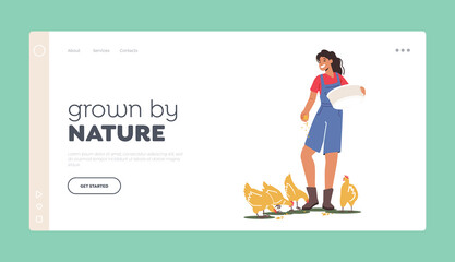 Poultry Farm, Agriculture, Farming Landing Page Template. Young Woman in Robe Feeding Fowl on Nature. Female Farmer