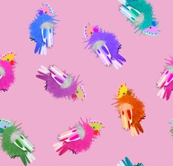 Abstract Hand Drawing Tropical Fluffy Cute Parrots Seamless Pattern Isolated Background