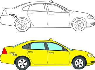 Taxi car cab vector drawing line art with color