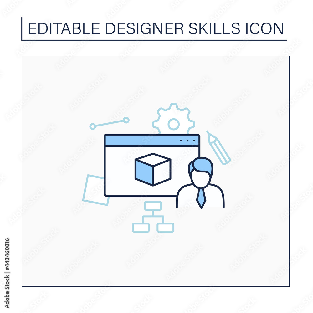 Poster user modeling line icon. defining target audience, adapting systems to audience needs.designer skill