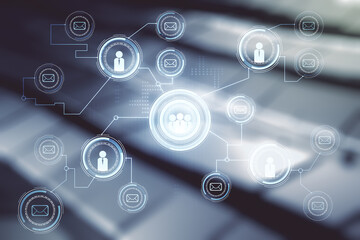 Abstract virtual social network concept on blurry abstract metal background. Multiexposure