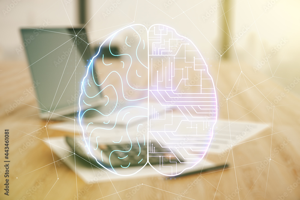 Poster virtual creative artificial intelligence hologram with human brain sketch on blurry calculator and c