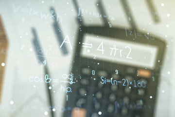 Scientific formula hologram on calculator and papers background, research concept. Multiexposure