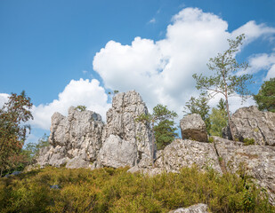 rocky quartz formation, tourist destination Grosser Pfahl, near Viechtach lower bavaria. blue sky...