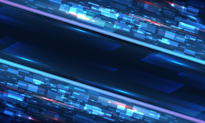 Wide background with various technological elements. Hi-tech computer digital technology concept. Neon glowing lines. Speed and motion blur over dark  background. Technology Web banner.