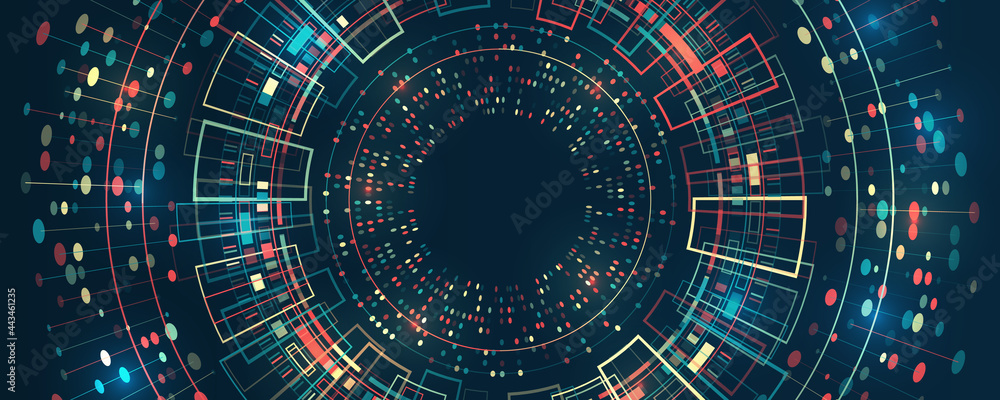 Fototapete Abstract stream information with circles array and binary code. Filtering machine algorithms. Sorting data. Vector technology background. Wide Big data visualization. Information analytics concept.
