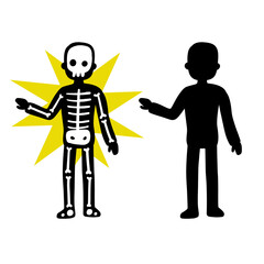 Silhouette of person. Human skeleton. Anatomy and Halloween. Character gestures. Electric shock and X-ray.