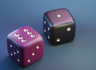 Shiny dices on blue background. 3d render