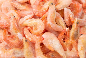 Fresh shrimps in ice. Top view.