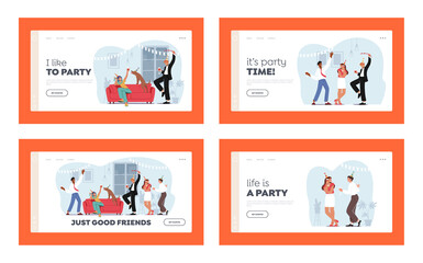 Home Party with Friends Landing Page Template Set. People Meeting, Celebrate Birthday or Corporate. Young Women and Men