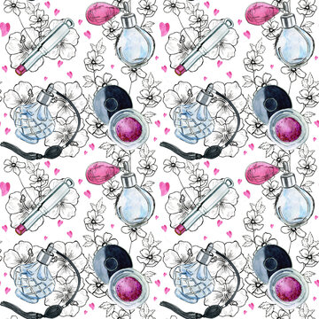 Beauty tools on flower doodles seamless pattern © Анастасия Якушева