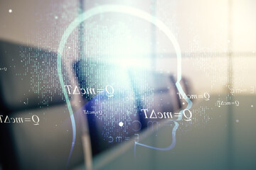 Abstract virtual artificial Intelligence concept with human head sketch on a modern coworking room...
