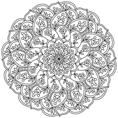 Contour mandala with bunches and twigs of berries, coloring page in the form of a circle with plant motifs