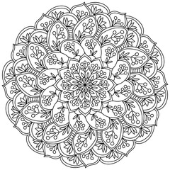 Contour mandala with bunches and twigs of berries, coloring page in the form of a circle with plant motifs