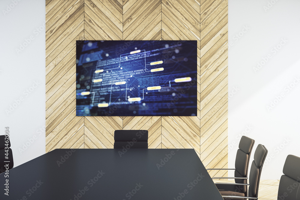Poster abstract creative coding concept on presentation screen in a modern conference room. 3d rendering