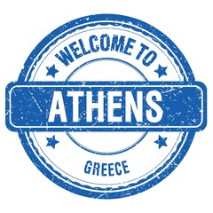 WELCOME TO ATHENS - GREECE, words written on greek blue stamp