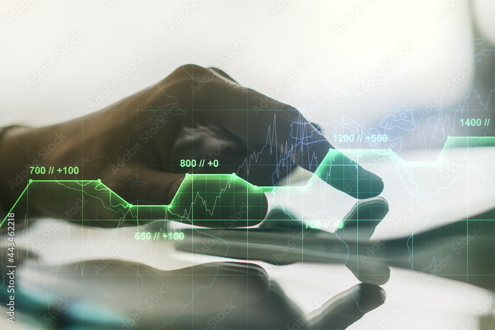 Poster multi exposure of abstract graphic data spreadsheet sketch and hand working with a digital tablet on