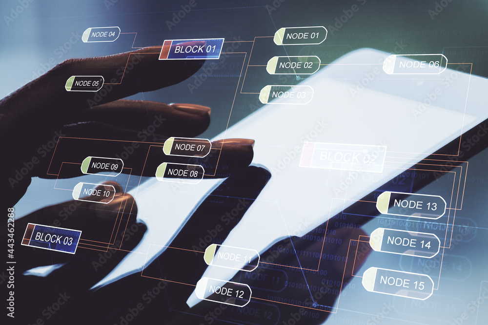Poster abstract creative coding concept with finger clicks on a digital tablet on background. multiexposure