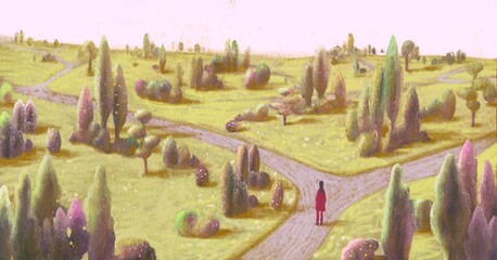 Illustration of lonely woman in fantasy nature landscape, conceptual art, concept idea of way choice and dream, surreal artwork © Jorm Sangsorn