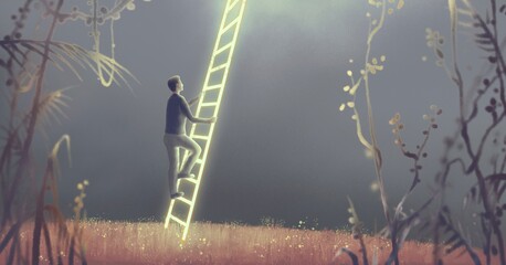 Success choice hope way and freedom concept idea, conceptual painting, surreal 3d illustration, fantasy artwork, a man with surreal stairs © Jorm Sangsorn