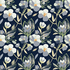 Hand drawn grey blooming flowers seamless pattern. Botanical floral and leaves background. Vector print, texture on black background.