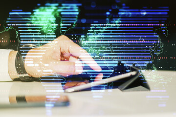 Abstract creative digital world map and finger clicks on a digital tablet background, globalization concept. Multiexposure