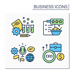 Business color icons set. Global forum, rating and testing. Chief executive officer. Business idea concept. Isolated vector illustrations