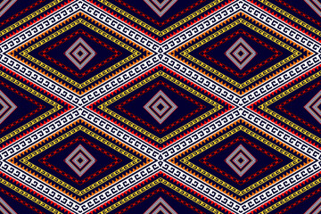 Geometric ethnic pattern. Red yellow and white tone with Sky blue background Design for background,carpet,wallpaper,clothing,wrapping,Batik,fabric,Vector illustration.embroidery style.