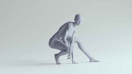 Tall Muscular Woman Crouching Pose Made Out of Sticky Blue Plastic 3d illustration render	
