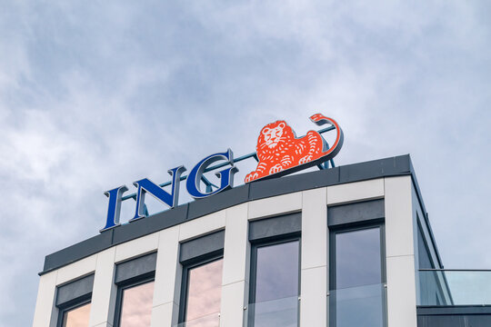 Gorzow Wielkopolski, Poland - June 1, 2021: Logo of ING. ING is a Dutch multinational banking and finance services corporation headquartered in Amsterdam.
