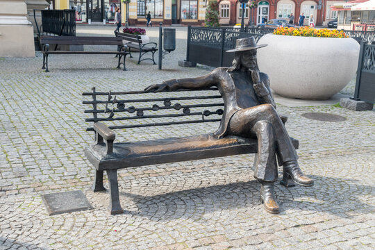 Swiebodzin, Poland - June 1, 2021: Czeslaw Niemen's bench in old town of Swiebodzin.