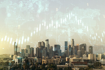 Fototapeta na wymiar Double exposure of abstract creative financial diagram and world map on Los Angeles office buildings background, banking and accounting concept
