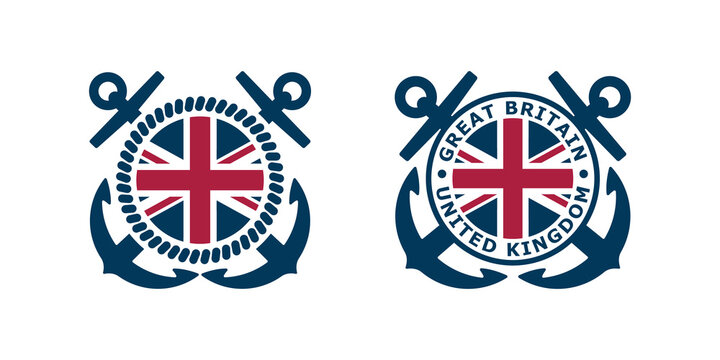 Set of color illustrations of flag, anchor, rope and text on a white background. Design element for emblem, badge, sticker and label. Vector illustration. Marine insignia of Great Britain.
