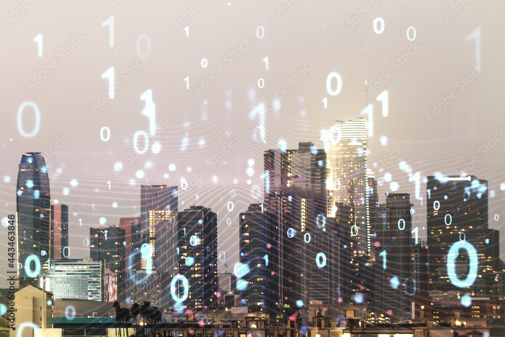 Poster abstract virtual binary code hologram on los angeles cityscape background, ai and machine learning c