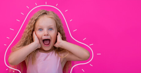 Obraz na płótnie Canvas surprise portrait of amazed little girl with open mouth wow on pink background advertising for kids store