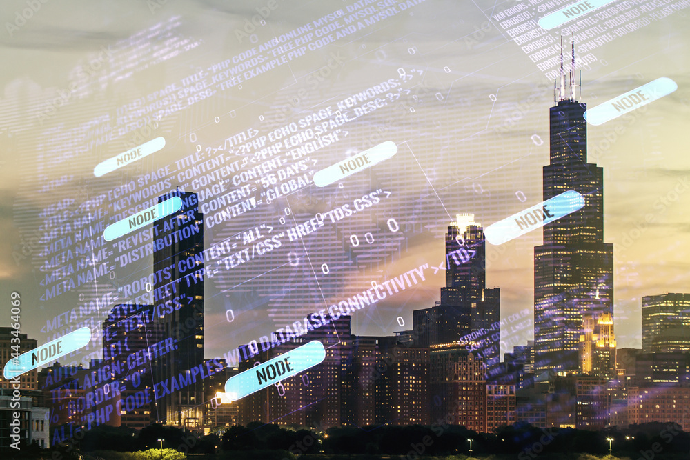 Poster multi exposure of abstract software development hologram and world map on chicago skyscrapers backgr