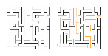 Labyrinth game. Vector illustration of isolated square maze game, rebus with entry and exit. Find right way. Education logic game with solution for kids, web, books, magazines. Children puzzle game