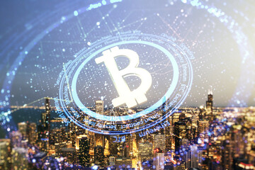 Double exposure of creative Bitcoin symbol hologram on Chicago office buildings background. Mining and blockchain concept