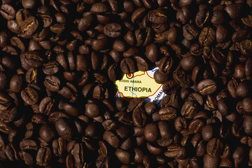 Coffee beans on a map of Ethiopia