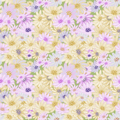 Fototapeta premium Seamless pattern with cute pink, yellow, purple, white chamomiles. Hand drawn vector illustration on light green abstract background. Small floral texture