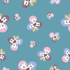 Floral repeat pattern on pale blue background, cute flowers in vintage colors, seamless bloomy pattern, floral texture, cute orchids pattern