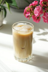 Iced coffee with ice in a tall glass