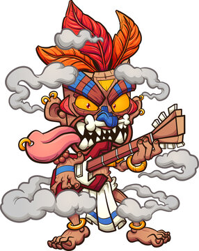 Tiki mask character playing the electric guitar. Vector clip art illustration with simple gradients. All on a single layer
